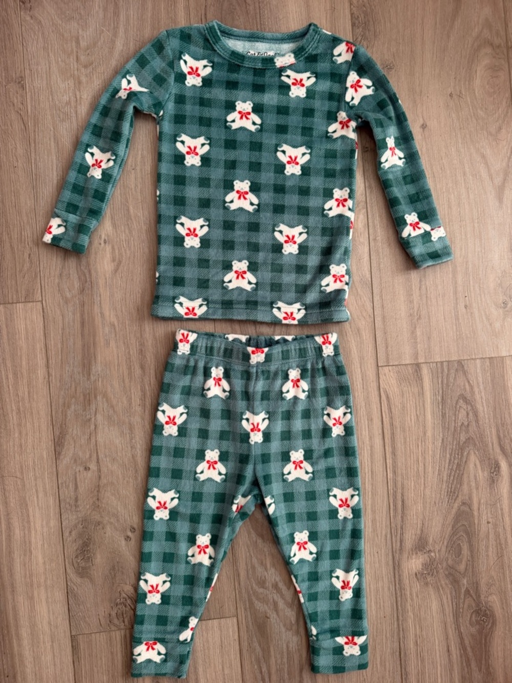 Cat & Jack Green Plaid Bear Thermal Pajama Set with Red Bow Accents